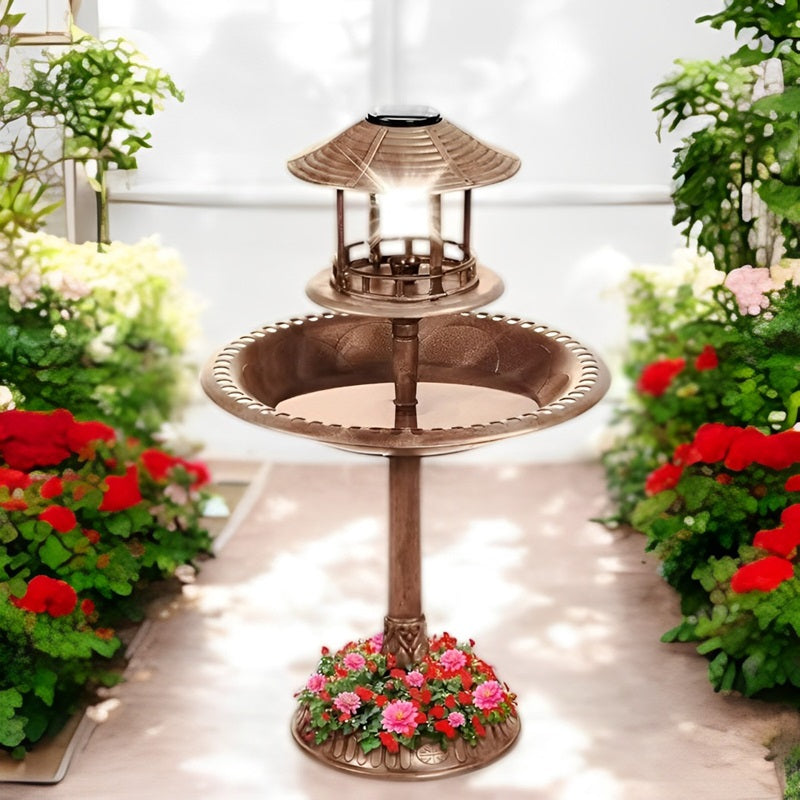 Lisslune | Solar-Powered Bird Bath on Stand with Built-In Planter & LED Lamp