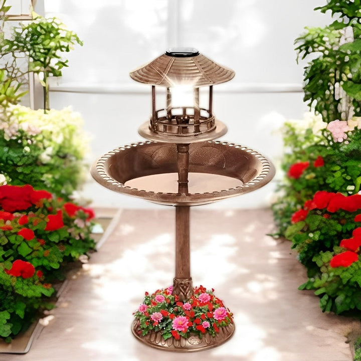 Lisslune | Solar-Powered Bird Bath on Stand with Built-In Planter & LED Lamp