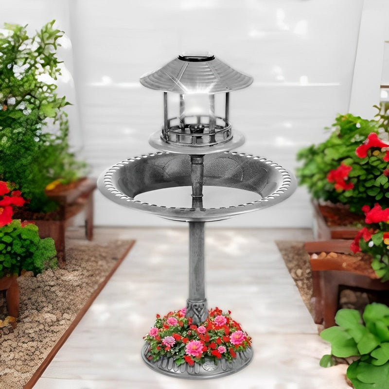 Lisslune | Solar-Powered Bird Bath on Stand with Built-In Planter & LED Lamp