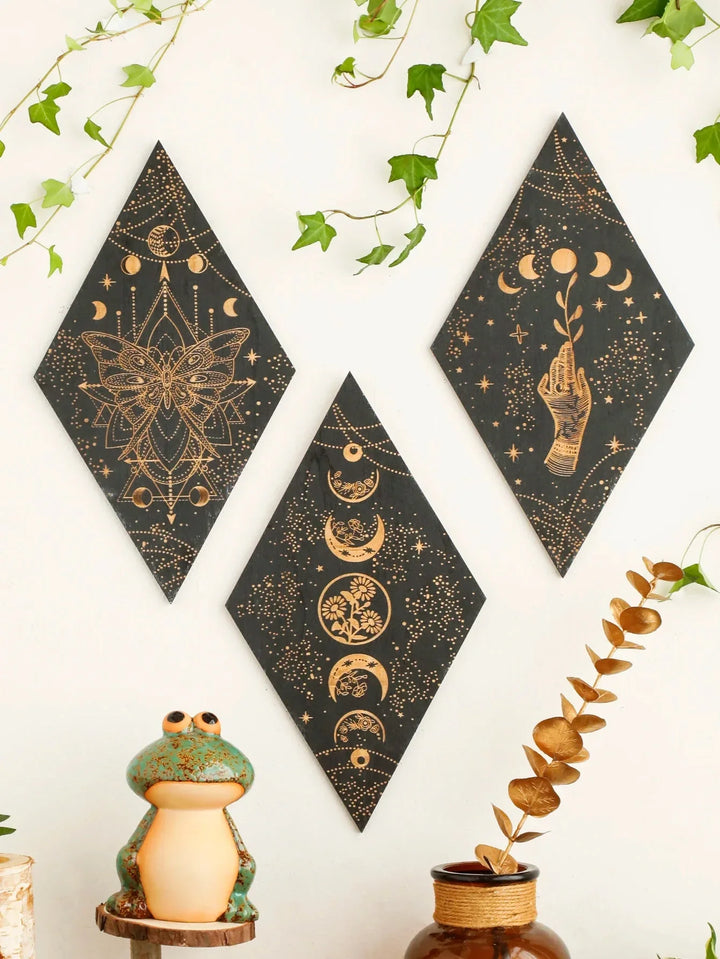 Lisslune | Black Moon Phases Wooden Wall Decoration Rhombus Wall Art Boho Home Decor Witch Tapestry Decoration Room Decor Aesthetic Gift