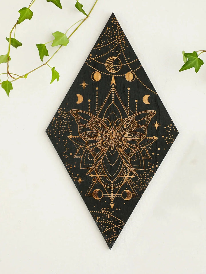 Lisslune | Black Moon Phases Wooden Wall Decoration Rhombus Wall Art Boho Home Decor Witch Tapestry Decoration Room Decor Aesthetic Gift
