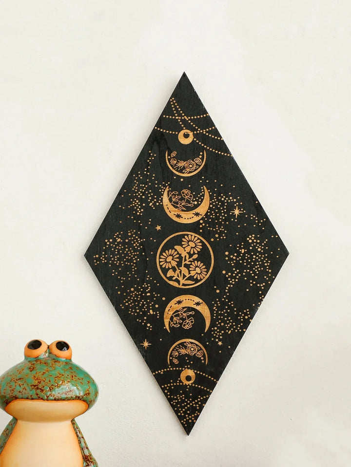 Lisslune | Black Moon Phases Wooden Wall Decoration Rhombus Wall Art Boho Home Decor Witch Tapestry Decoration Room Decor Aesthetic Gift