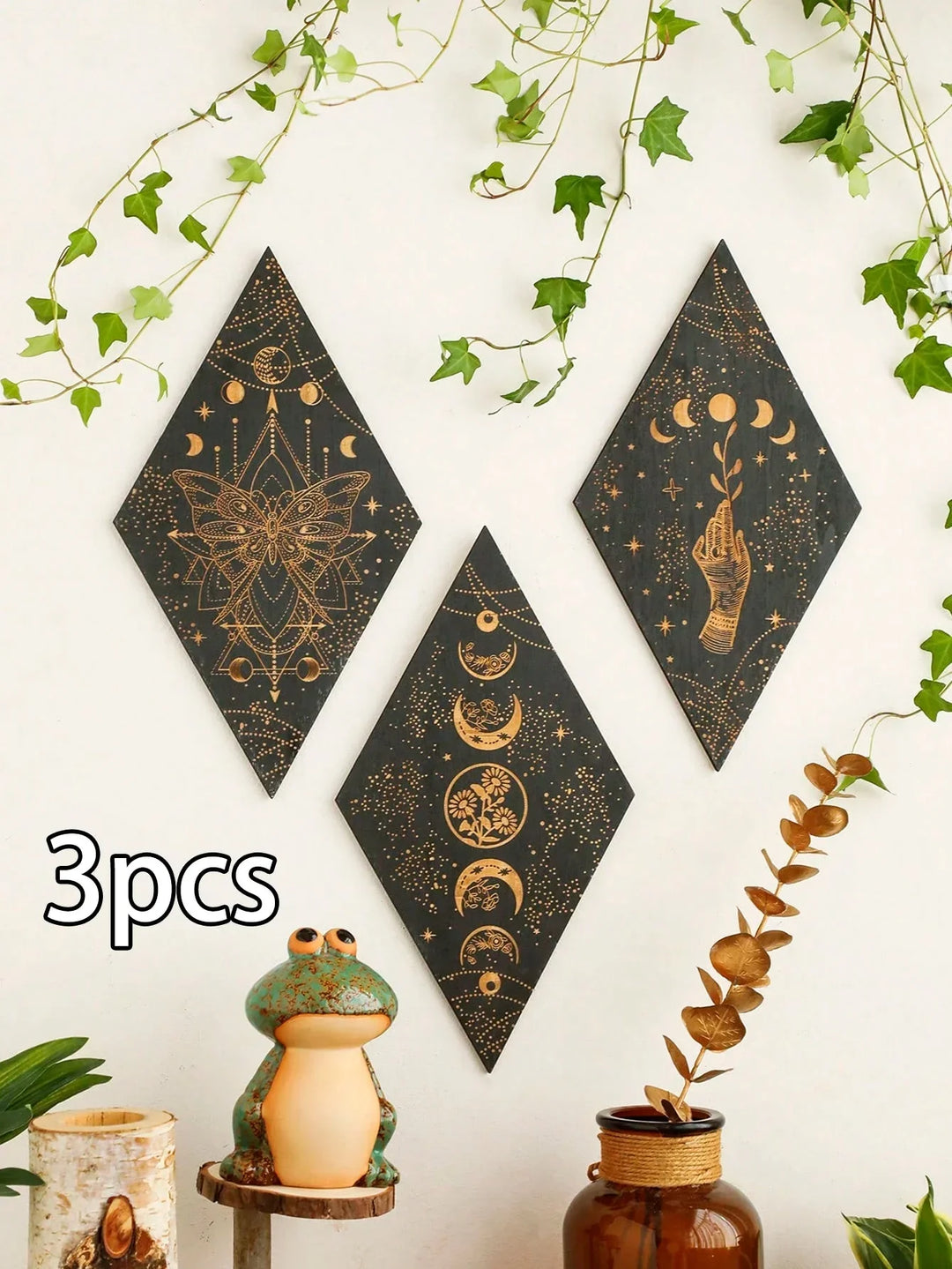 Lisslune | Black Moon Phases Wooden Wall Decoration Rhombus Wall Art Boho Home Decor Witch Tapestry Decoration Room Decor Aesthetic Gift