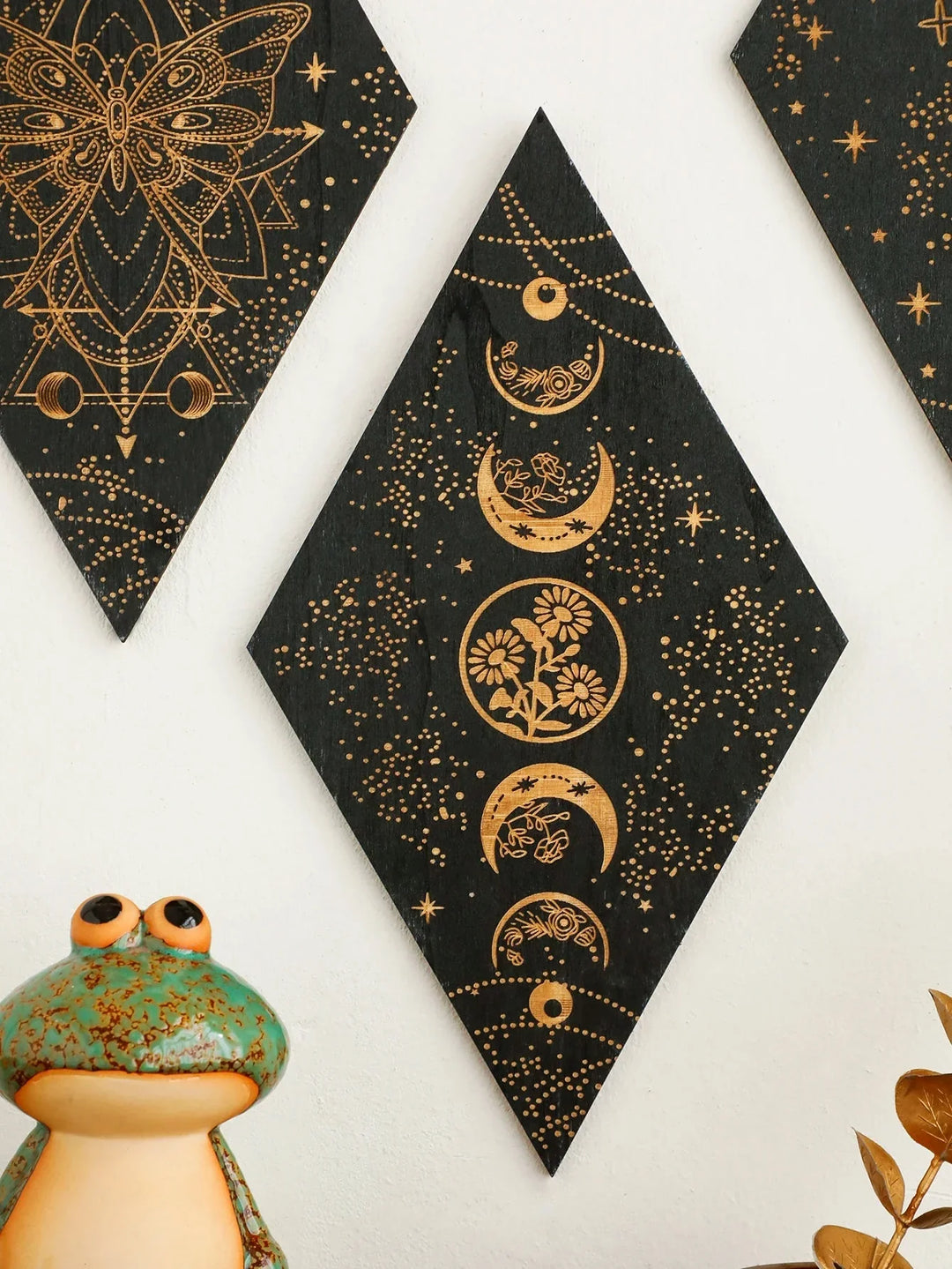 Lisslune | Black Moon Phases Wooden Wall Decoration Rhombus Wall Art Boho Home Decor Witch Tapestry Decoration Room Decor Aesthetic Gift