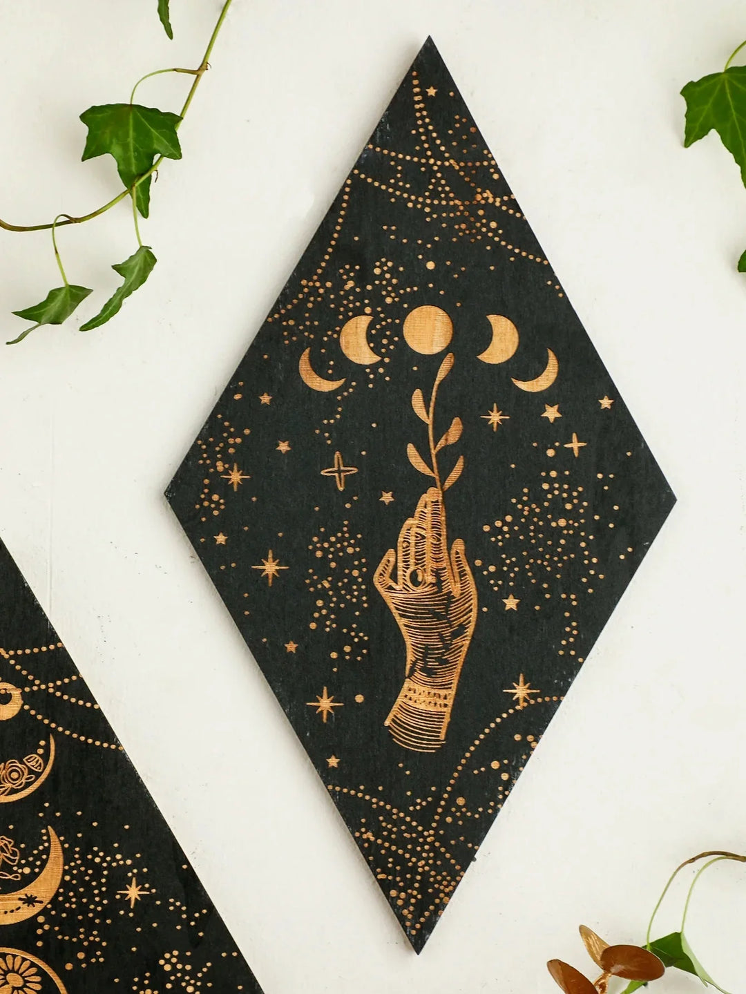 Lisslune | Black Moon Phases Wooden Wall Decoration Rhombus Wall Art Boho Home Decor Witch Tapestry Decoration Room Decor Aesthetic Gift