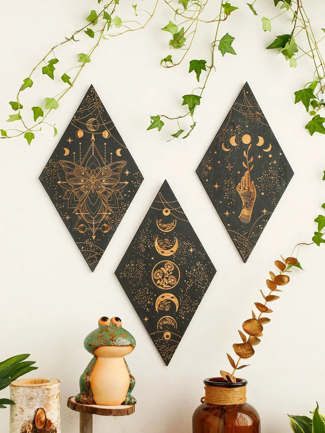 Lisslune | Black Moon Phases Wooden Wall Decoration Rhombus Wall Art Boho Home Decor Witch Tapestry Decoration Room Decor Aesthetic Gift