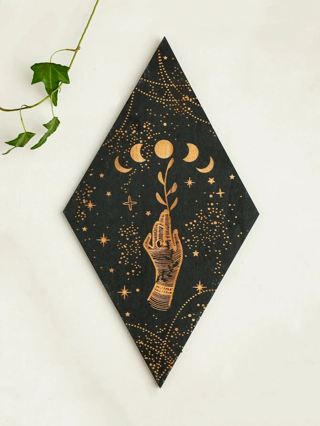 Lisslune | Black Moon Phases Wooden Wall Decoration Rhombus Wall Art Boho Home Decor Witch Tapestry Decoration Room Decor Aesthetic Gift