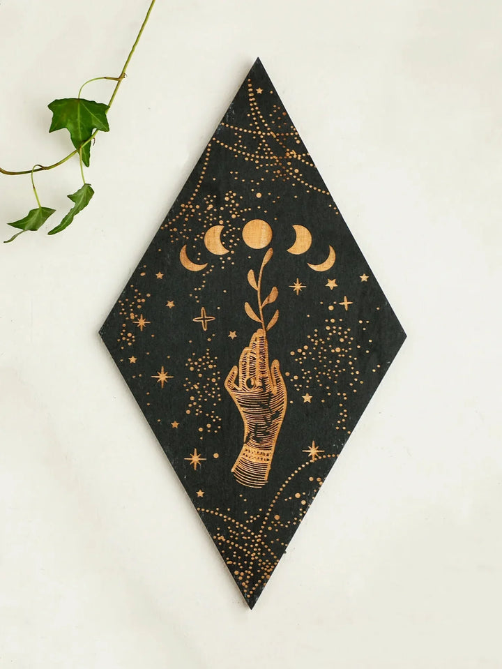 Lisslune | Black Moon Phases Wooden Wall Decoration Rhombus Wall Art Boho Home Decor Witch Tapestry Decoration Room Decor Aesthetic Gift