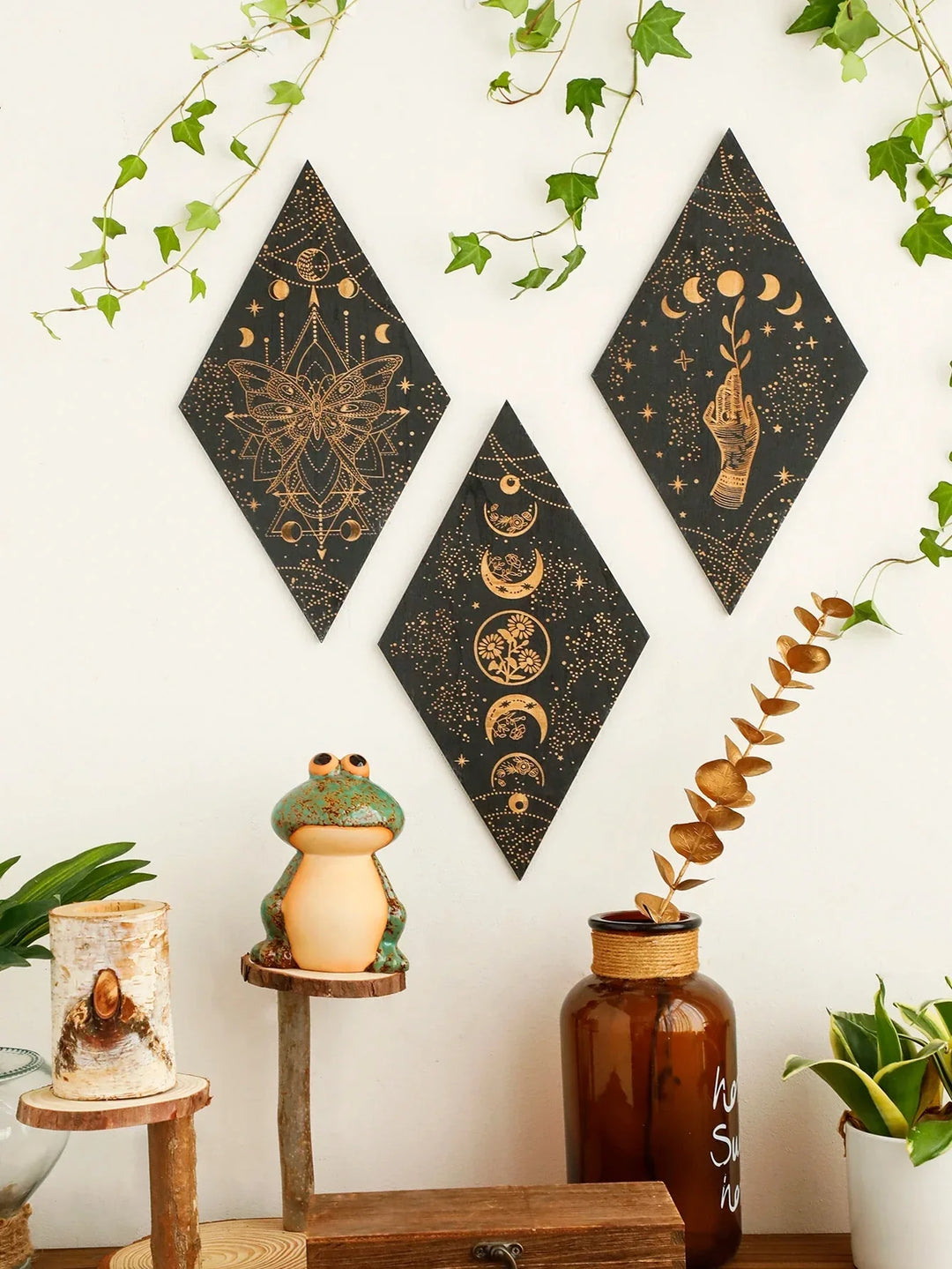 Lisslune | Black Moon Phases Wooden Wall Decoration Rhombus Wall Art Boho Home Decor Witch Tapestry Decoration Room Decor Aesthetic Gift