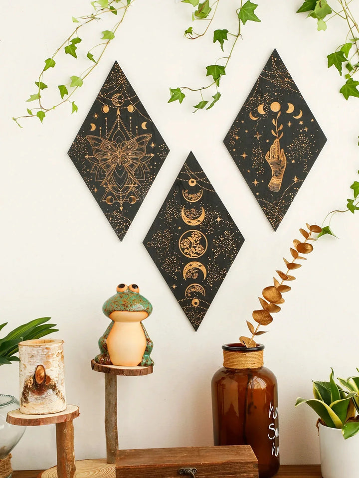 Lisslune | Black Moon Phases Wooden Wall Decoration Rhombus Wall Art Boho Home Decor Witch Tapestry Decoration Room Decor Aesthetic Gift