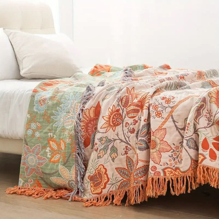 Lisslune | Cotton Throw Blanket with Floral Boho Pattern
