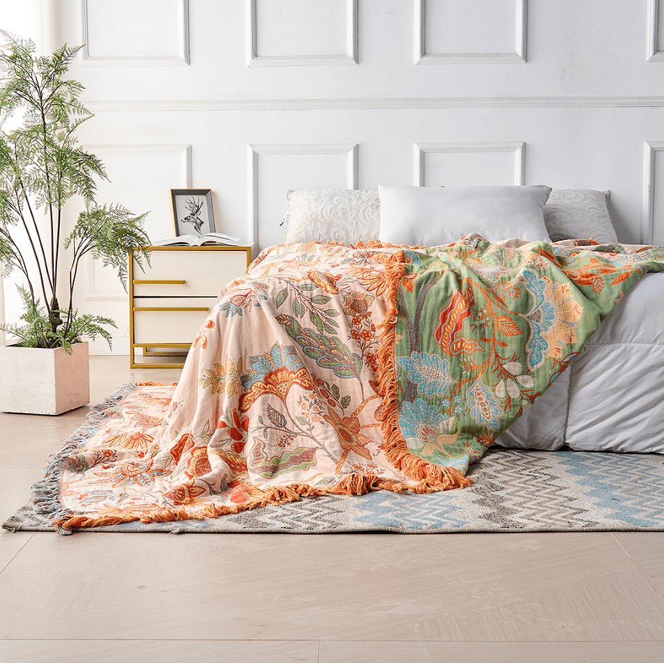 Lisslune | Cotton Throw Blanket with Floral Boho Pattern