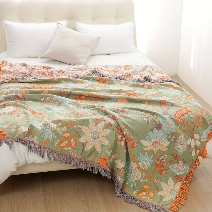 Lisslune | Cotton Throw Blanket with Floral Boho Pattern