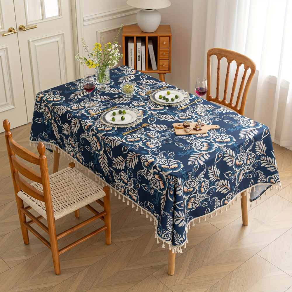 Lisslune | Peacock Blossom Boho Floral Tablecloth with Tassel