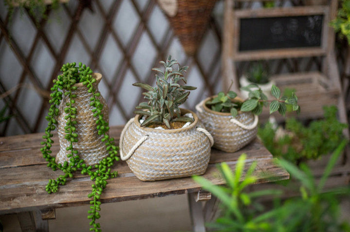 Lisslune | Ceramic Plant Pot in Hemp Bag Design with Rope Handles – Decorative Flower Pot for Garden and Home