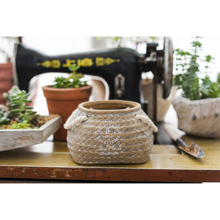 Lisslune | Ceramic Plant Pot in Hemp Bag Design with Rope Handles – Decorative Flower Pot for Garden and Home