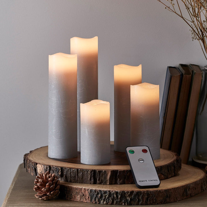 Lisslune | 5-piece set pillar candles gray with remote control