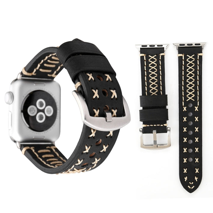 Lisslune | For Apple Watch Series 10 42mm / 9&8&7 41mm / SE 3&SE 2&6&SE&5&4 40mm / 3&2&1 38mm Manual Line Pattern Leather Watch Strap (Black)