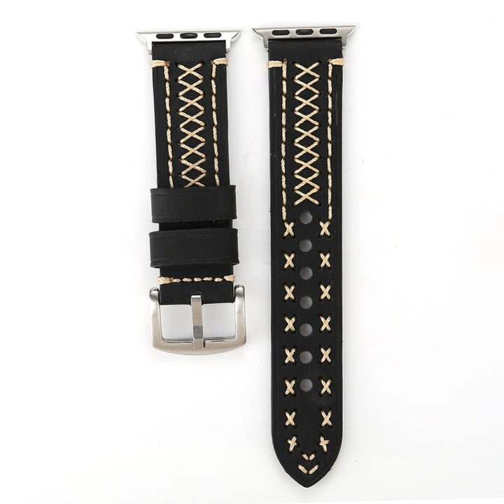 Lisslune | For Apple Watch Series 10 42mm / 9&8&7 41mm / SE 3&SE 2&6&SE&5&4 40mm / 3&2&1 38mm Manual Line Pattern Leather Watch Strap (Black)