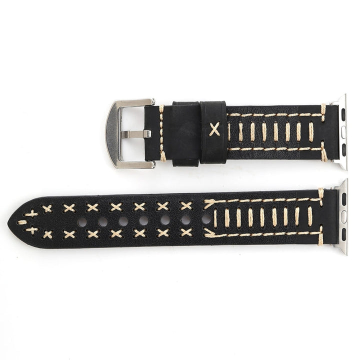 Lisslune | For Apple Watch Series 10 42mm / 9&8&7 41mm / SE 3&SE 2&6&SE&5&4 40mm / 3&2&1 38mm Manual Line Pattern Leather Watch Strap (Black)