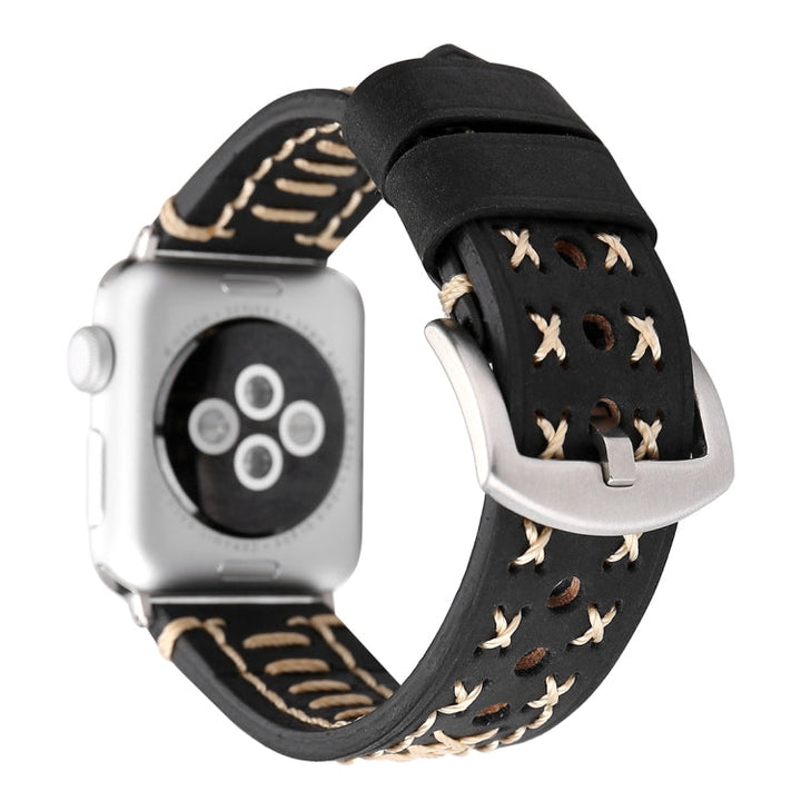 Lisslune | For Apple Watch Series 10 42mm / 9&8&7 41mm / SE 3&SE 2&6&SE&5&4 40mm / 3&2&1 38mm Manual Line Pattern Leather Watch Strap (Black)