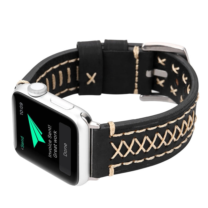 Lisslune | For Apple Watch Series 10 42mm / 9&8&7 41mm / SE 3&SE 2&6&SE&5&4 40mm / 3&2&1 38mm Manual Line Pattern Leather Watch Strap (Black)