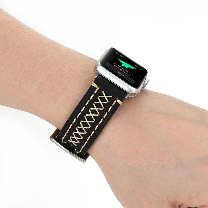 Lisslune | For Apple Watch Series 10 42mm / 9&8&7 41mm / SE 3&SE 2&6&SE&5&4 40mm / 3&2&1 38mm Manual Line Pattern Leather Watch Strap (Black)
