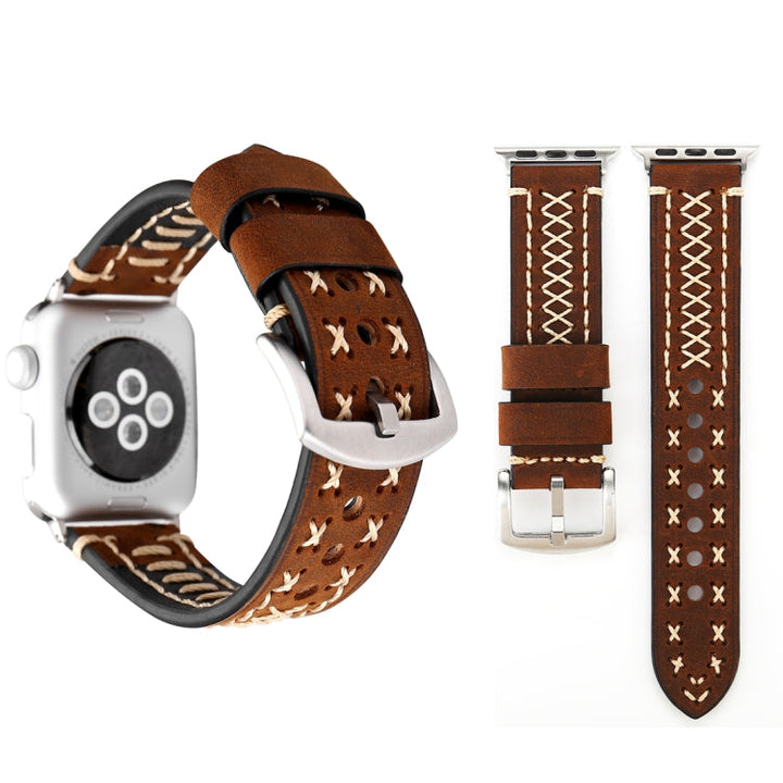 Lisslune | For Apple Watch Series 10 42mm / 9&8&7 41mm / SE 3&SE 2&6&SE&5&4 40mm / 3&2&1 38mm Manual Line Pattern Leather Watch Band (Coffee)