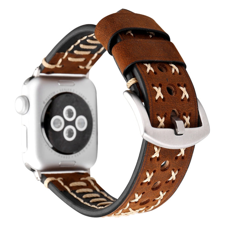Lisslune | For Apple Watch Series 10 42mm / 9&8&7 41mm / SE 3&SE 2&6&SE&5&4 40mm / 3&2&1 38mm Manual Line Pattern Leather Watch Band (Coffee)