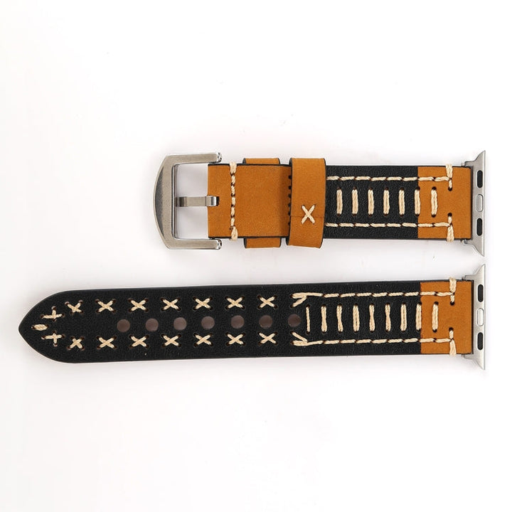 Lisslune | For Apple Watch Series 10 42mm / 9&8&7 41mm / SE 3&SE 2&6&SE&5&4 40mm / 3&2&1 38mm Manual Lined Pattern Leather Watch Band (Khaki)
