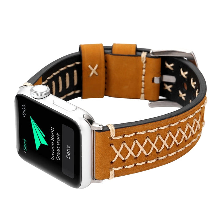 Lisslune | For Apple Watch Series 10 42mm / 9&8&7 41mm / SE 3&SE 2&6&SE&5&4 40mm / 3&2&1 38mm Manual Lined Pattern Leather Watch Band (Khaki)