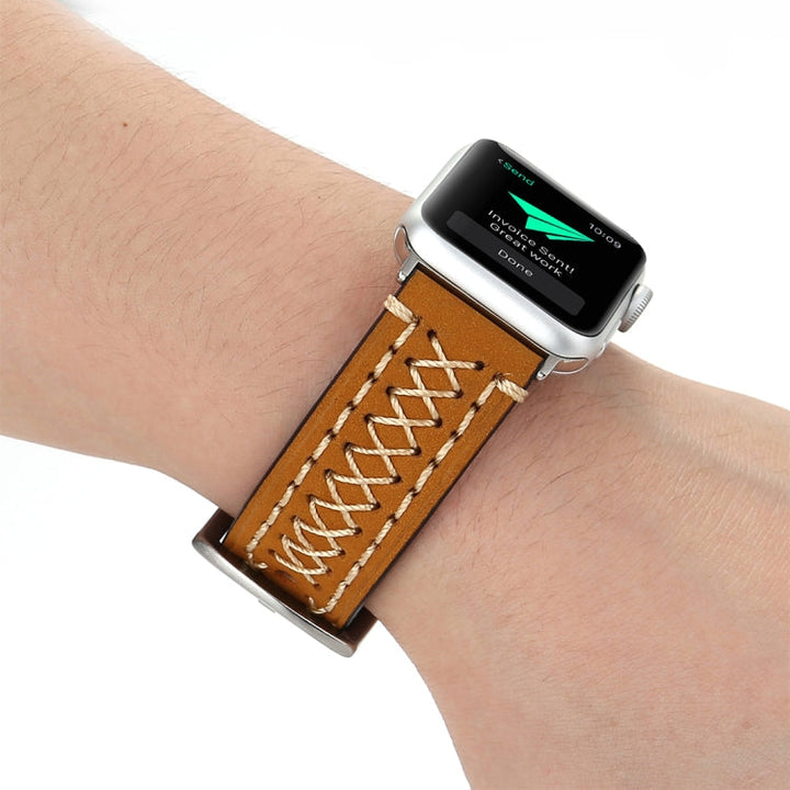 Lisslune | For Apple Watch Series 10 42mm / 9&8&7 41mm / SE 3&SE 2&6&SE&5&4 40mm / 3&2&1 38mm Manual Lined Pattern Leather Watch Band (Khaki)