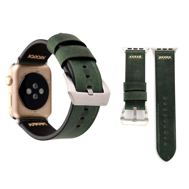 Lisslune | For Apple Watch Ultra 49mm & Watch Ultra 2 49mm / Series 10 46mm / 9 & 8 & 7 45mm / SE 3 & SE 2 & 6 & SE & 5 & 4 44mm / 3 & 2 & 1 42mm Retro XX Stripe Pattern Leather Band (Green)