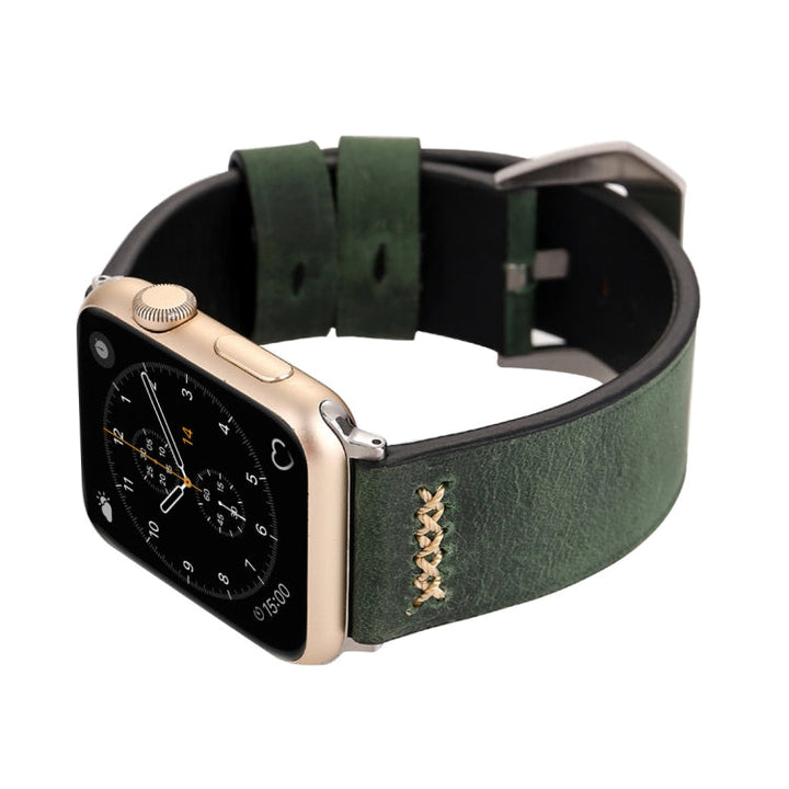 Lisslune | For Apple Watch Ultra 49mm & Watch Ultra 2 49mm / Series 10 46mm / 9 & 8 & 7 45mm / SE 3 & SE 2 & 6 & SE & 5 & 4 44mm / 3 & 2 & 1 42mm Retro XX Stripe Pattern Leather Band (Green)