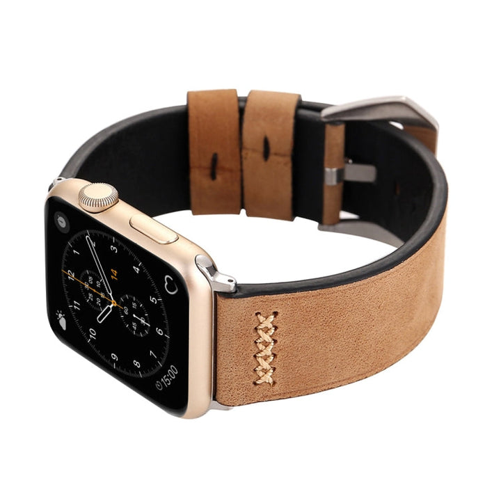 Lisslune | For Apple Watch Ultra 49mm & Watch Ultra 2 49mm / Series 10 46mm / 9 & 8 & 7 45mm / SE 3 & SE 2 & 6 & SE & 5 & 4 44mm / 3 & 2 & 1 42mm Retro XX Line Pattern Leather Watch Band (Khaki)