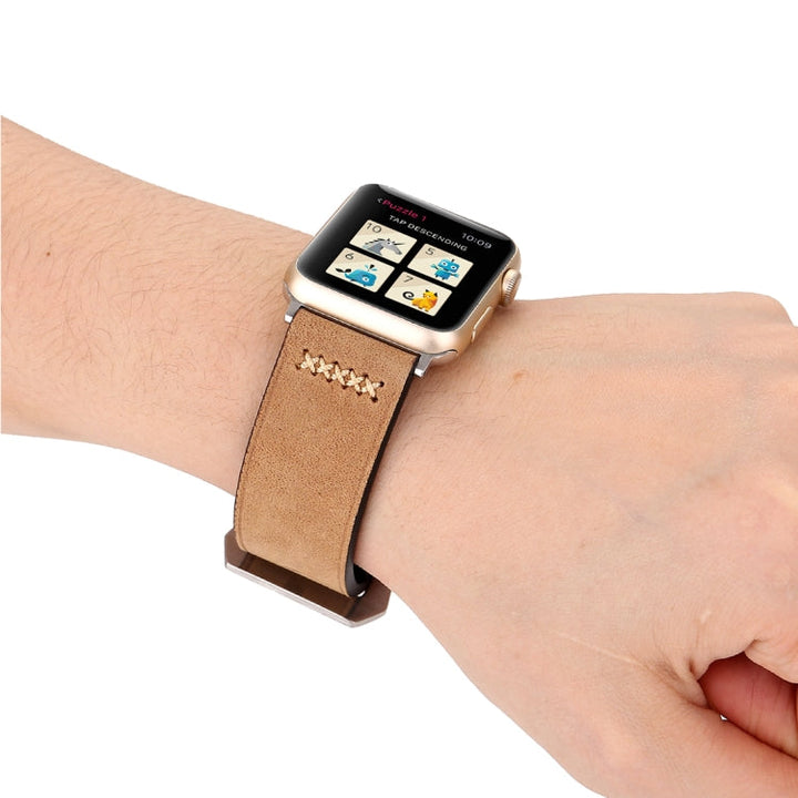 Lisslune | For Apple Watch Ultra 49mm & Watch Ultra 2 49mm / Series 10 46mm / 9 & 8 & 7 45mm / SE 3 & SE 2 & 6 & SE & 5 & 4 44mm / 3 & 2 & 1 42mm Retro XX Line Pattern Leather Watch Band (Khaki)