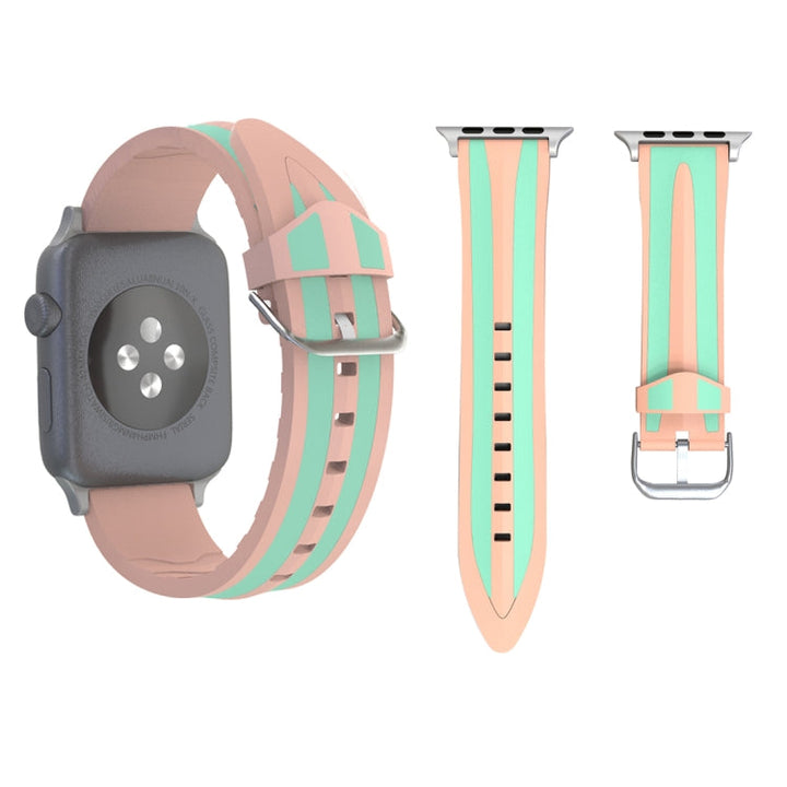 Lisslune | For Apple Watch Series 3 & 2 & 1 42mm Fashion Double Stripe Pattern Silicone Watch Strap (Pink+Green)