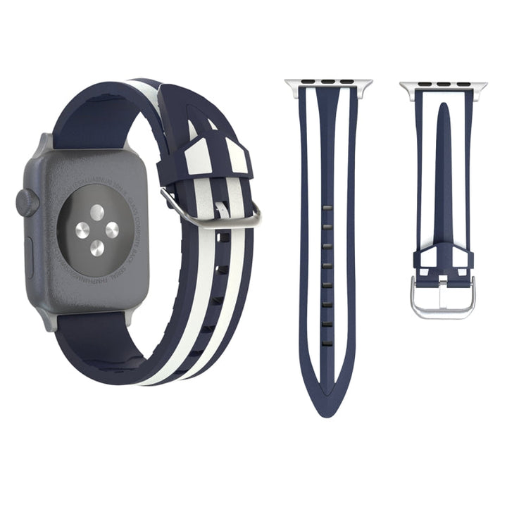 Lisslune | For Apple Watch Series 3 & 2 & 1 42mm Fashion Double Stripe Pattern Silicone Watch Band (Navy Blue + White)