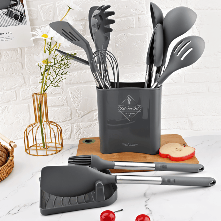 Lisslune | 12-piece silicone kitchen utensils set with stainless steel handles