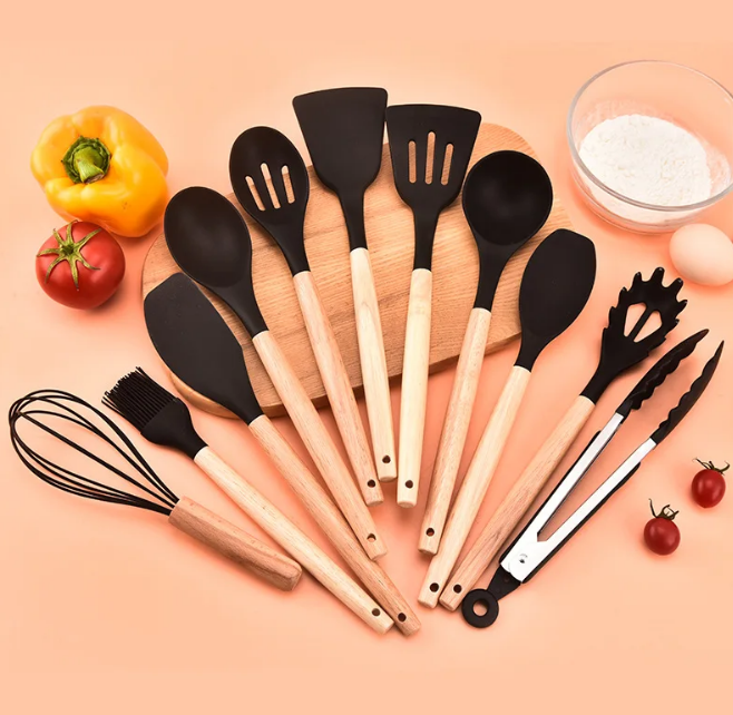 Lisslune | Non-Toxic BPA-Free Silicone Cooking Utensil Set with Wooden Handles Lattea