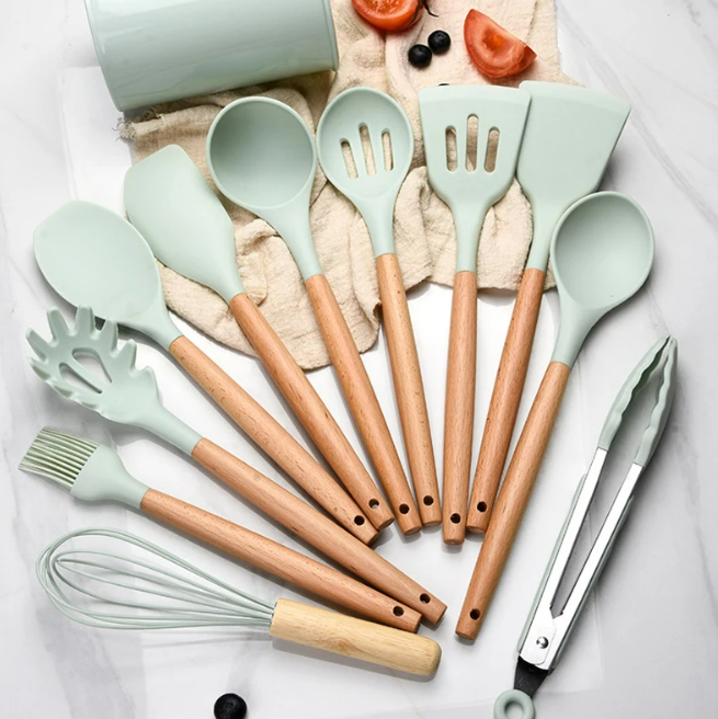 Lisslune | Non-Toxic BPA-Free Silicone Cooking Utensil Set with Wooden Handles Lattea