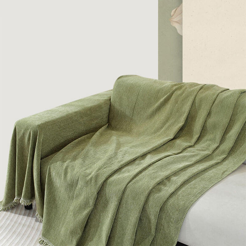 Lisslune | Chenille Blanket Herringbone Tassel Sofa Cover
