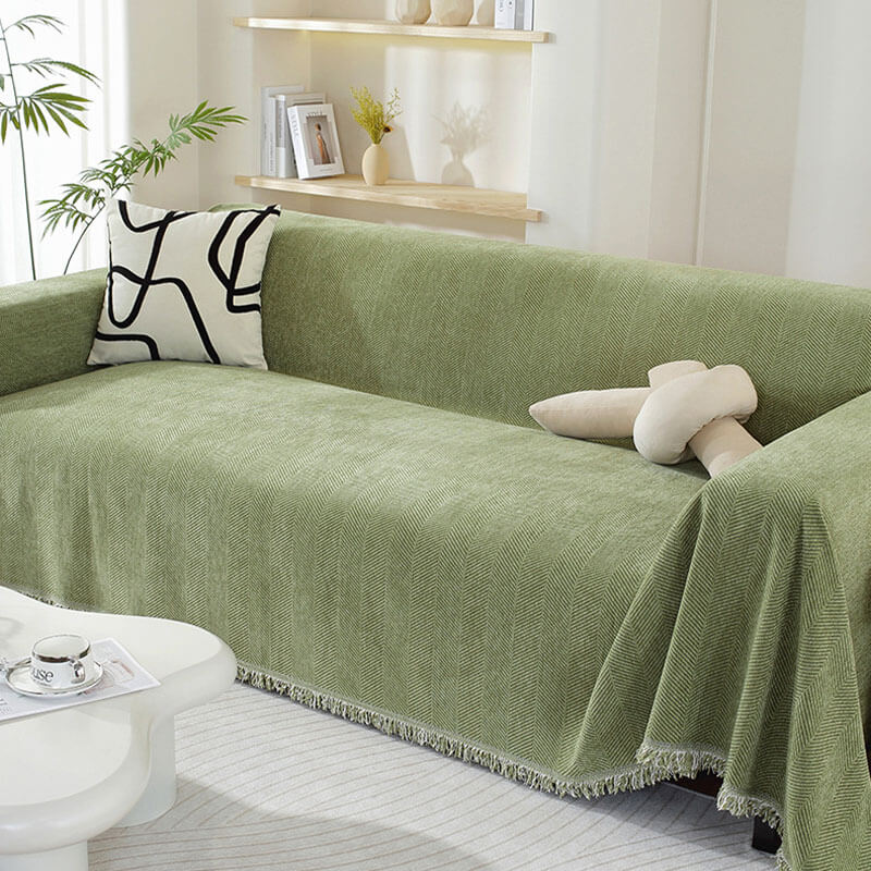 Lisslune | Chenille Blanket Herringbone Tassel Sofa Cover