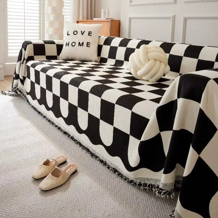 Lisslune | Chess Board Chic Tasseled Sofa Cover