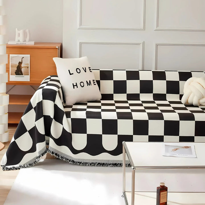 Lisslune | Chess Board Chic Tasseled Sofa Cover