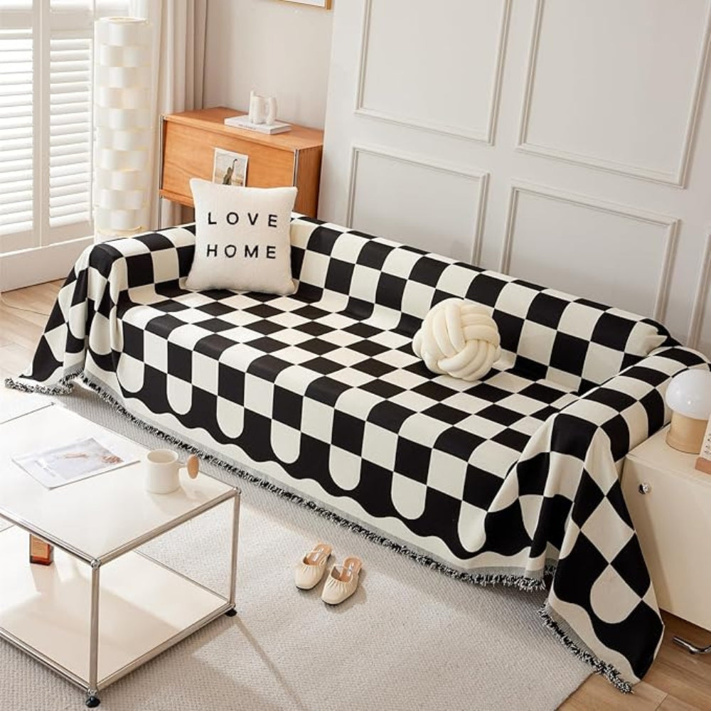 Lisslune | Chess Board Chic Tasseled Sofa Cover