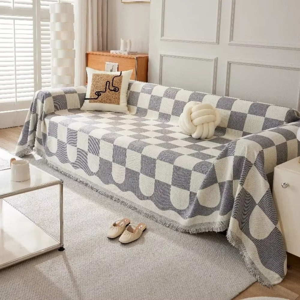 Lisslune | Chess Board Chic Tasseled Sofa Cover