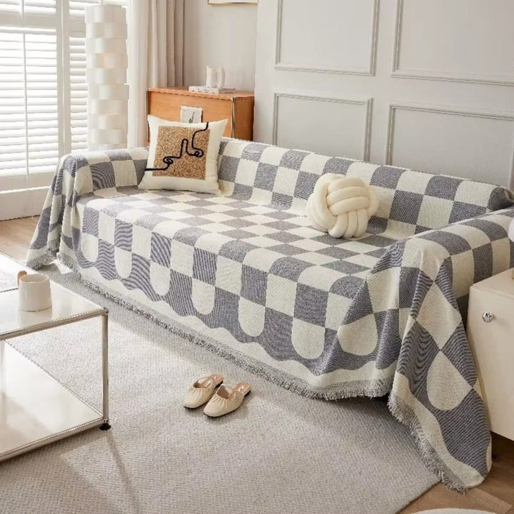 Lisslune | Chess Board Chic Tasseled Sofa Cover