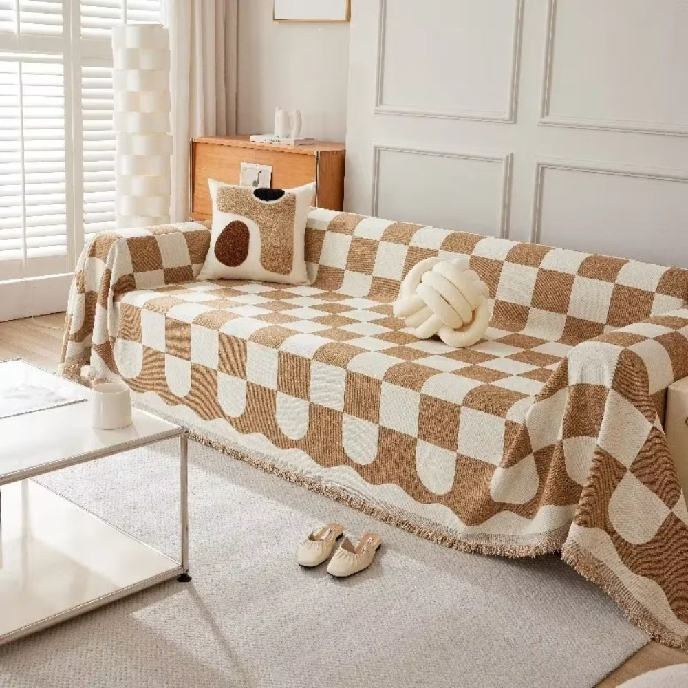 Lisslune | Chess Board Chic Tasseled Sofa Cover