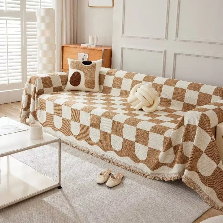 Lisslune | Chess Board Chic Tasseled Sofa Cover